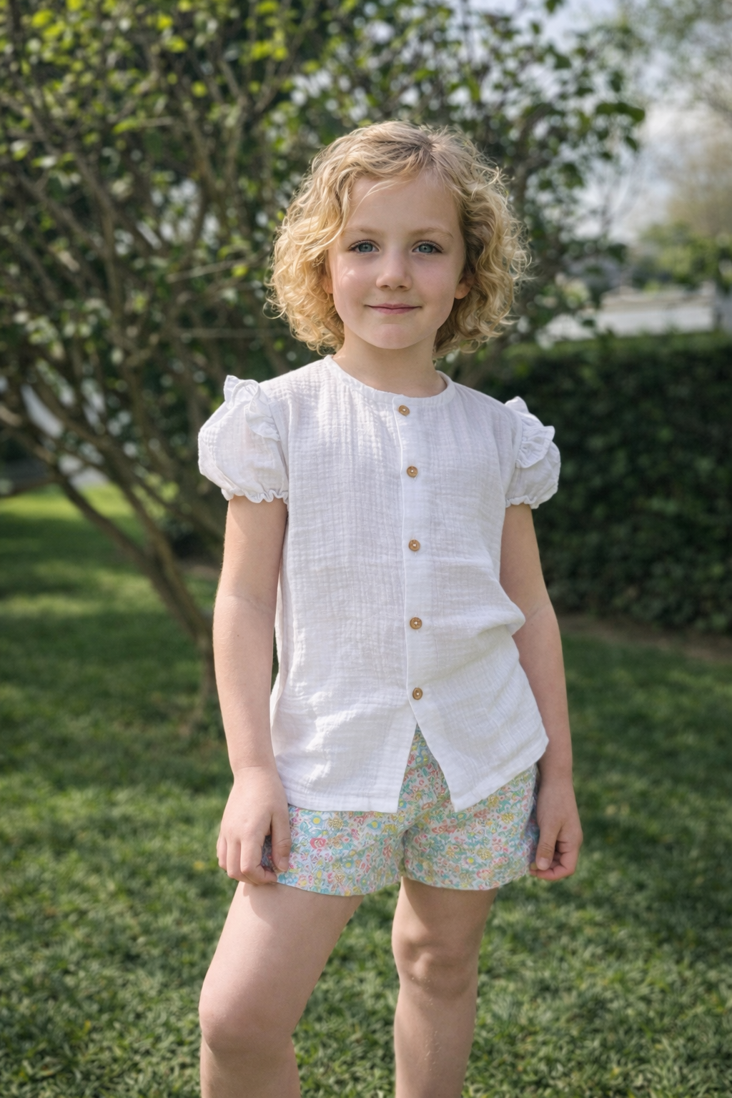 Camisa de bambula blanca con manga corta para niña